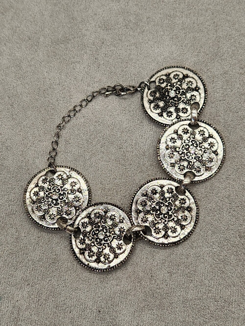 Vintage Statement Bracelet Metallic Silver Wide Chain Coins Chunky Boho Ethnic